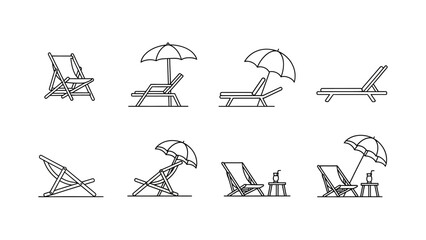 Minimalist vector illustration showcasing various beach chairs and umbrellas perfect for summer