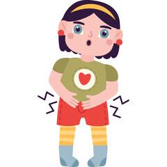 Surprised Cartoon Girl With Dark Hair Wearing A Green T Shirt And Red Shorts Holding Her Stomach In Pain With Yellow Striped Socks And Blue Boots Transparent Background