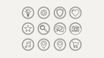 Minimalist line icons set representing various functions and symbols for web and app design