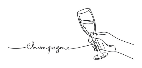 Elegant hand holding glass of champagne with flowing word Champagne in continuous line style perfect for celebratory themes and luxury branding