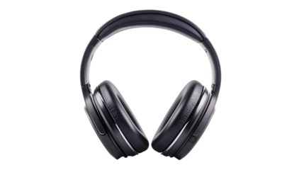Closeup studio shot of a pair of black overear wireless headphones with a padded headband, isolated on transparent background