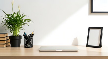 Minimalist workspace featuring a closed laptop, plant, books, picture frame, and pen holder on a wooden desk against a white wall with sunlight.