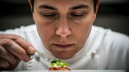 A chef carefully examines a small dish of food with a spoon.
