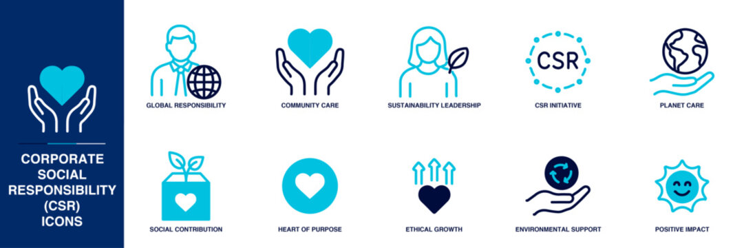 Corporate Social Responsibility (CSR) Blue Colored Outline Icon Set