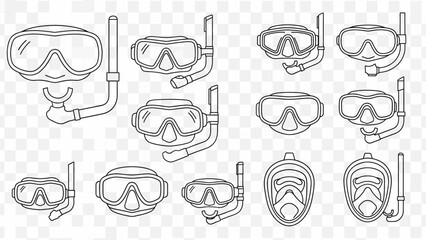 Collection of Underwater Diving Masks and Snorkels Black and White Line Art Illustration