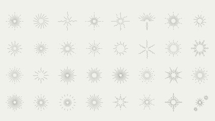 Collection of sunburst radiating light beams and vintage starburst design elements in soft gray
