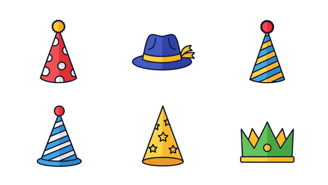 Colorful festive party hats and stylish fedora illustration, perfect for celebrating special
