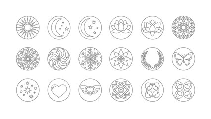 Collection of ethereal line art symbols representing nature, spirituality, and love in modern design