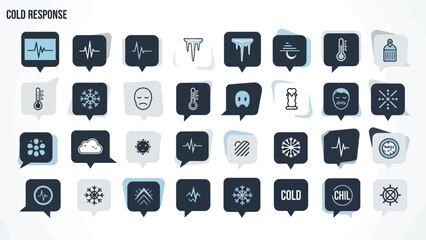 Cold response icons set, symbolizing winter season, weather impact, health conditions,  medical
