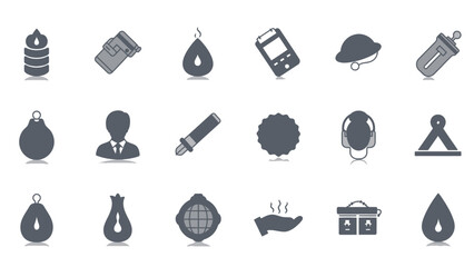 Collection of assorted flat design style gray icons featuring a diverse array of objects