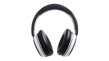 Black and white overear wireless headphone with thick earcups, isolated on transparent background for clear product display and audio concept