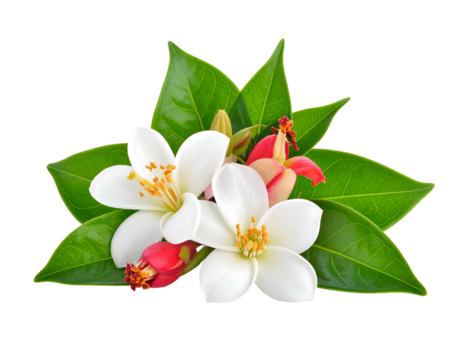 A small bouquet of white blossoms, red buds, and bright green leaves isolated on a stark black backdrop