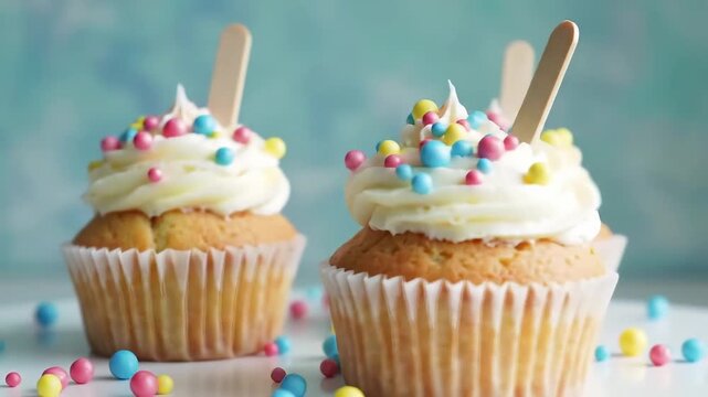 Image features a trio of vanilla cupcakes arranged in a row on a smooth, white surface. Each cupcake is topped with a generous swirl of creamy white frosting, adorned with small, colorful sugar pearls
