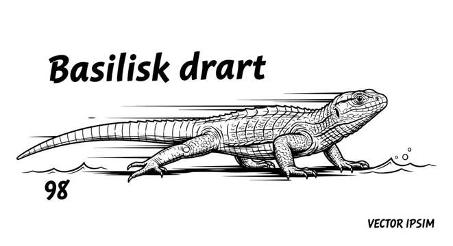 Detailed black and white basilisk lizard illustration