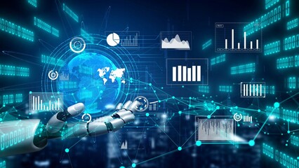 A futuristic robot hand presents a captivating data visualization in a digital space, emphasizing technology, global connectivity, and advanced analytics. Xenic