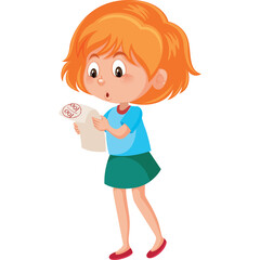 Surprised Young Girl with Ginger Hair Wearing Blue T Shirt and Green Skirt Holding a Paper Bag with Doughnuts in Both Hands Against a White Background with Transparent Overlays and Soft Lighting