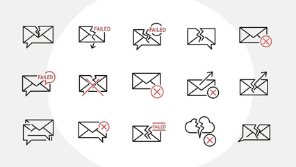 A set of linear icons depicting issues with electronic communication processes and message