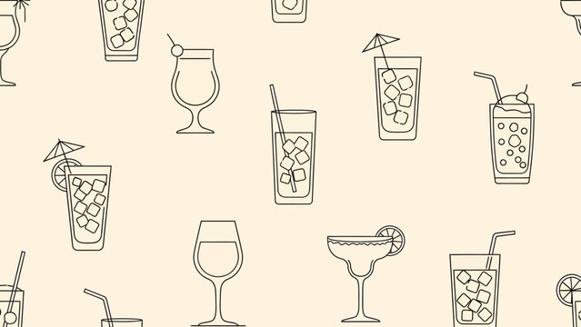 A trendy seamless line art pattern featuring a variety of refreshing cocktails on a light backdrop