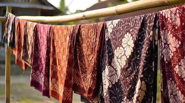 Colorful Fabrics Drying on Bamboo Rack A Vibrant Display.