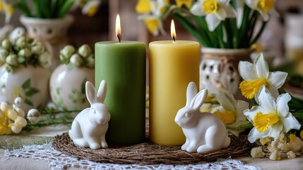 Obraz premium Easter Decor Platter with Candles Bunnies Eggs Woven Tray Cozy Indoor Holiday Setup Spring Festival Ambience Material