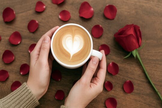Woman holding a coffee cup with heart latte art. Romantic morning coffee surrounded by red rose petals and single rose for Valentines Day. - Powered by Adobe