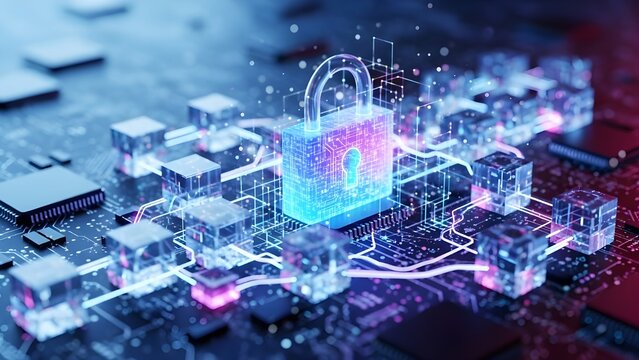Glowing digital padlock hovers over interconnected circuit blocks representing advanced cybersecurity and data protection - Powered by Adobe
