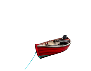 A small, red wooden boat rests gently on dark water, tethered by a turquoise rope to unseen mooring