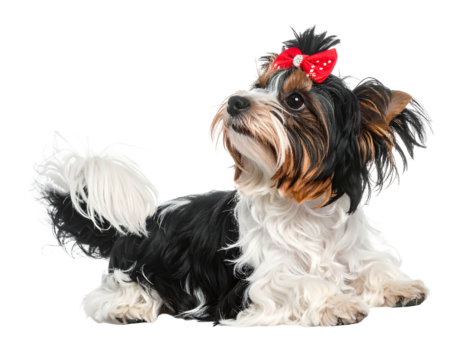 A small, multi-colored dog with a red bow laying down, looking upwards against a transparent background - Powered by Adobe
