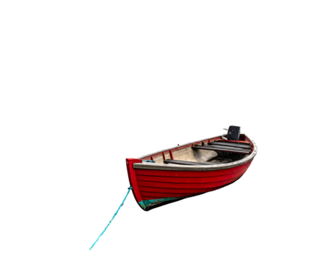 A small, red wooden boat rests gently on dark water, tethered by a turquoise rope to unseen mooring