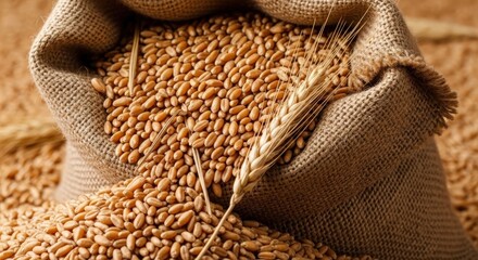 Close up of wheat grains with one stalk in a burlap sack
