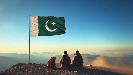 People Watching Pakistan Flag at Sunrise – Pakistan Day Celebration Scene