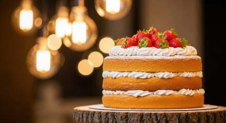 Delicious layered cake with fresh strawberries on a wooden platform