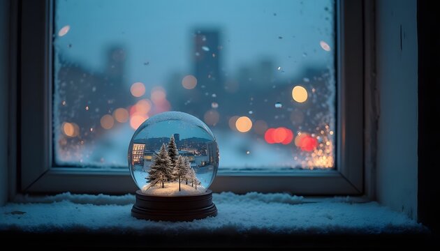 Winter Snow Globe on Snowy Windowsill Overlooking Blurry City Lights
