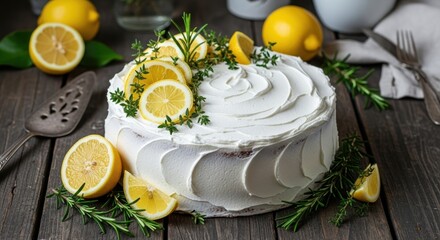 Delicious lemon cake with white frosting and fresh herb garnish