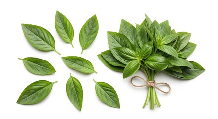 Fresh basil leaves and bundle on white background