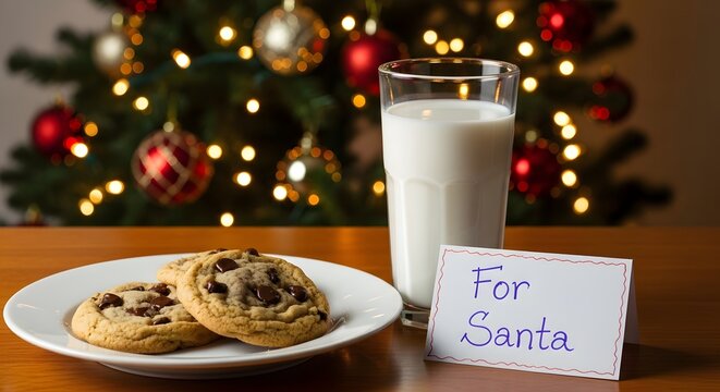 Cookies and milk for Santa with handwritten note on plate by Christmas tree