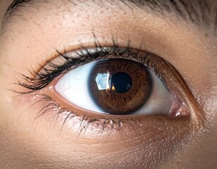 Obraz premium A close-up of a beautiful brown human eye with detailed eyelashes and iris showing reflection