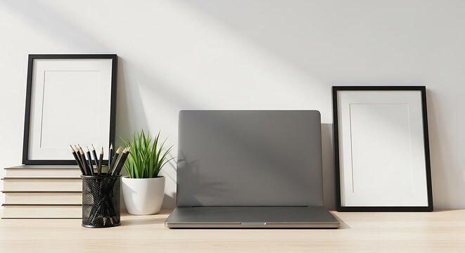 Minimalist workspace featuring a laptop, books, pencils, a plant, and two picture frames against a white wall. - Powered by Adobe