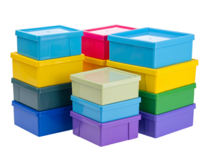 A stacked collection of colorful, square plastic boxes of varying sizes against a dark background