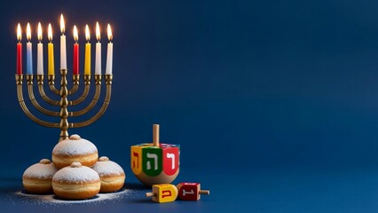 Festive Hanukkah Celebration With Menorah Candles, Sufganiyot Donuts & Dreidel Game Tradition