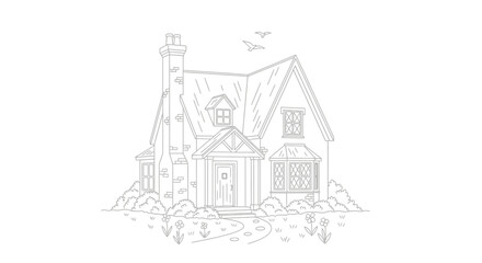 Charming Country House Sketch with Birds and Garden - Detailed Line Art Illustration