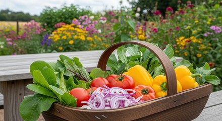 Freshly Harvested Vegetables in a Wooden Basket Outdoors