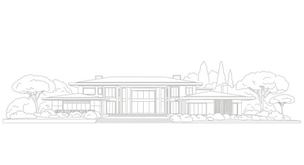 Fototapeta premium Architectural line drawing of a modern house with landscaping and minimalist design