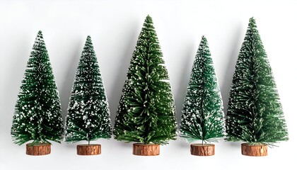 Five miniature artificial Christmas trees arranged on a white backdrop