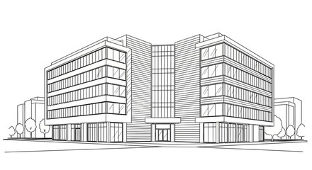 Architectural drawing of a modern office building complex with a minimalist design and geometric