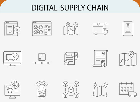 digital supply chain logistics management blockchain line vector icons