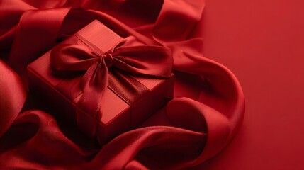 Monochromatic Red Luxury: Elegant Holiday Gift Box Wrapped in a Silky Bow Surrounded by Flowing Drapery and Rich Texture
