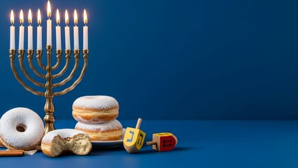 Hanukkah Menorah Lighting with Sufganiyot Doughnuts & Dreidel Celebrating Jewish Tradition