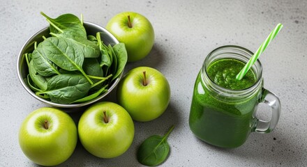 Green Apple Smoothie and Fresh Ingredients on a Gray Surface