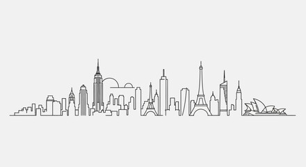 Minimalist linear cityscape illustration of major world cities with iconic landmarks